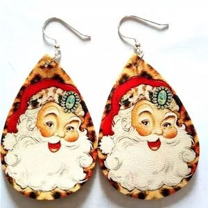 Santa Clause & Cheetah Print, Faux Leather Tear Drop Christmas Earrings, New